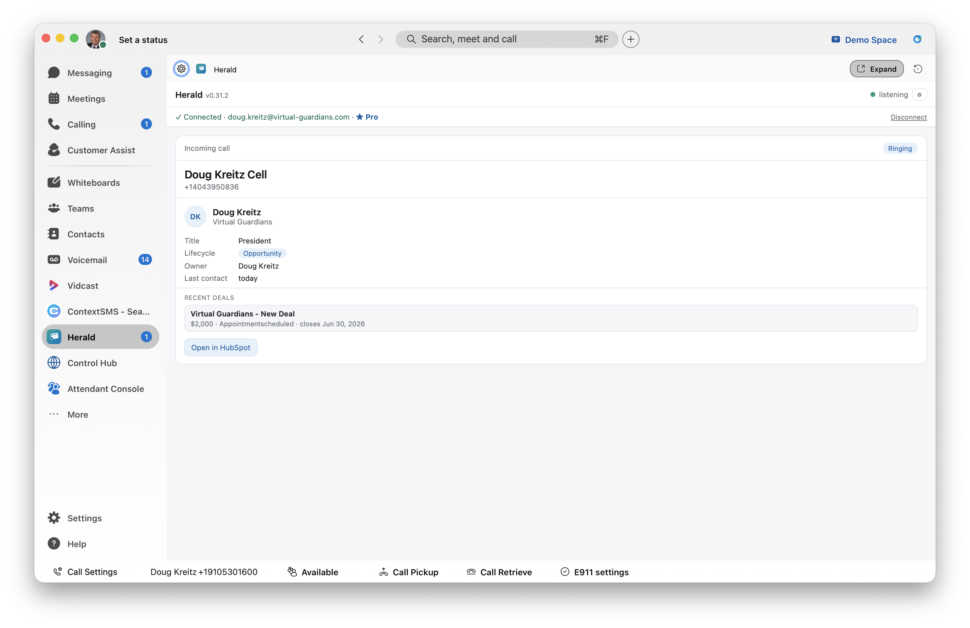Herald screen pop in Webex: incoming call showing the caller's HubSpot record with title, lifecycle stage, owner, and recent deals