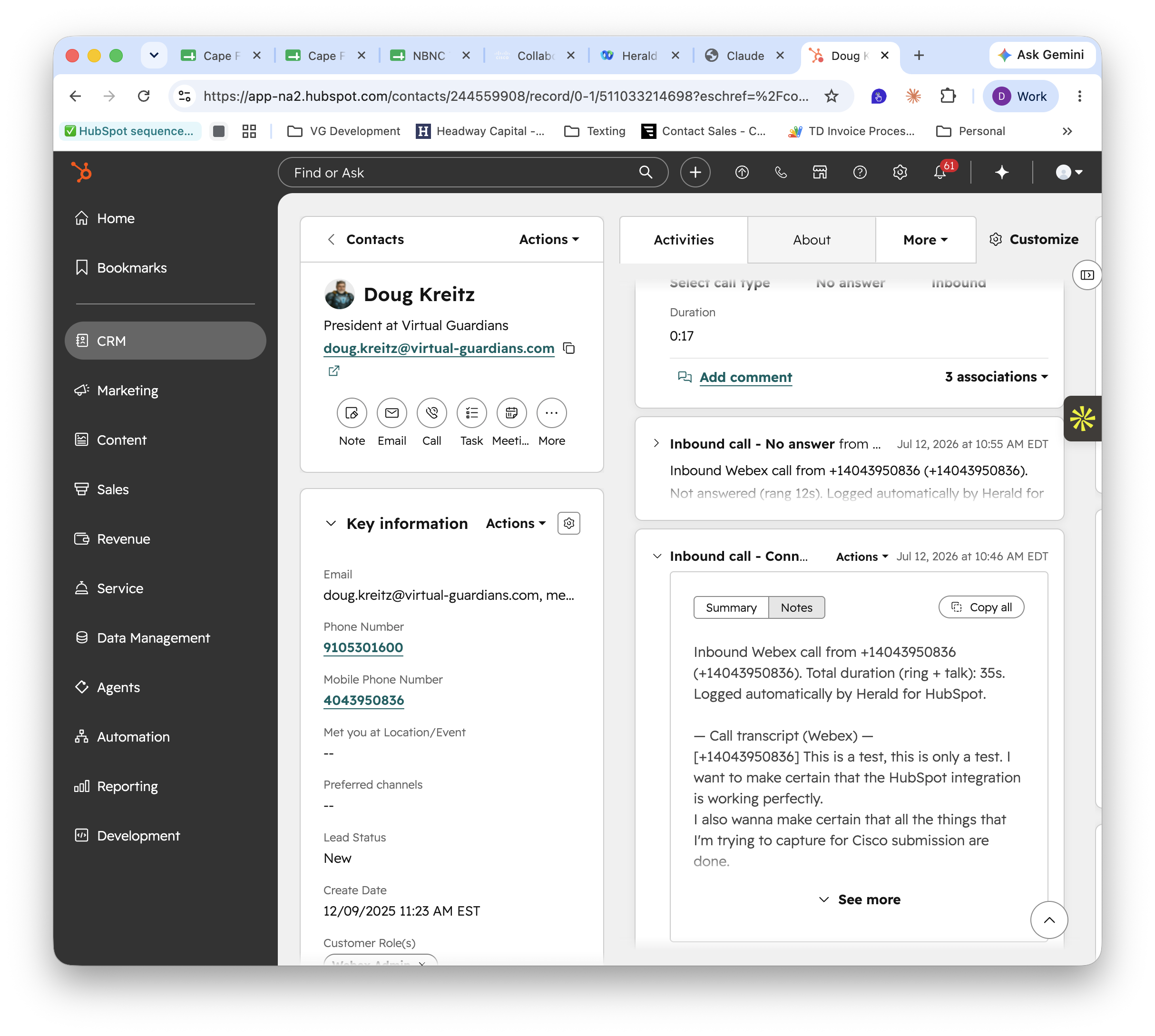 HubSpot contact record showing an inbound call logged automatically by Herald, with call duration, AI summary, and full Webex call transcript